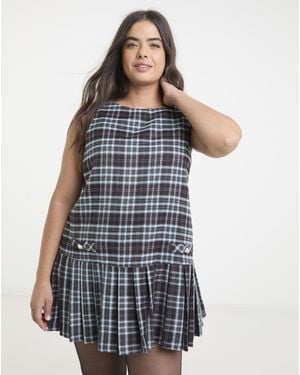 Neon Rose Tartan Mini Dress - Blue