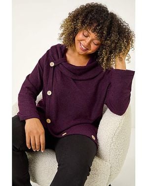 Roman Curve Cowl Neck Button Wrap Top - Purple