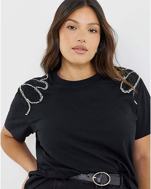 Simply Be Diamante Shoulder Detail T-Shirt - Black