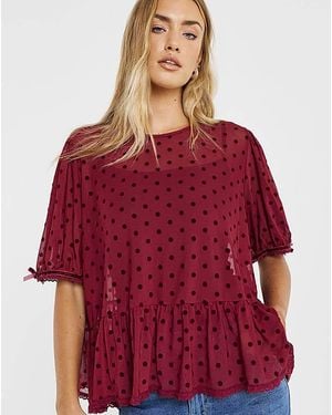 Simply Be Lace Mesh Puff Sleeve Top - Red