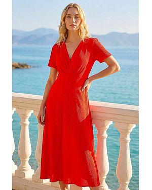 Roman Roman Textured Wrap Bodice Midi Dress