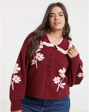 Neon Rose Scallop Collar Flower Cardigan - Red