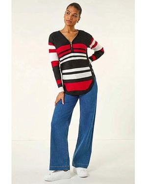 Roman Roman Stripe Zip Ribbed Knit Jumper - Blue