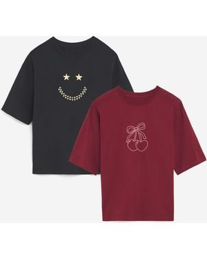 Simply Be Cherryprint Smileyembroidery Tee Pack - Red