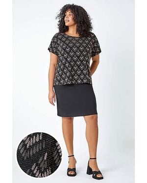Roman Curve Glitter Stretch Shift Dress - Black