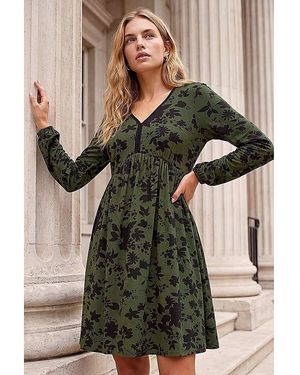 Roman Roman Floral Contrast Trim Stretch Dress - Green