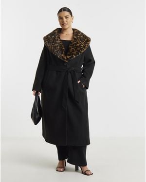 Simply Be Leopard Faux Fur Collar Coat - Black