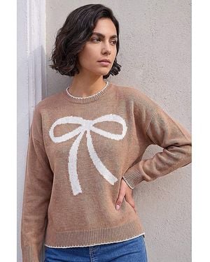 Roman Roman Contrast Stitch Bow Knit Jumper - Brown