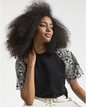 Simply Be Contrast Broderie Raglan Sleeve T-Shirt - Black
