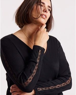 Simply Be Slash Neck Rib Top With Lace Sleeve - Black