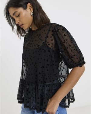 Simply Be Velvet Heart Mesh Puff Sleeve Top - Black