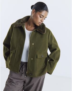 Simply Be Fur Collar Short Jacket - Green
