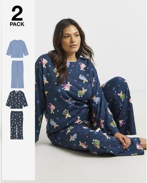 Simply Be Dog Print Value 2 Pack Pj Sets - Blue