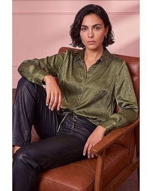 Roman Roman Crinkle Satin Tie Hem Shirt - Green