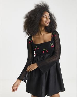 Simply Be Cherry Crochet Detail Skater Dress - Black