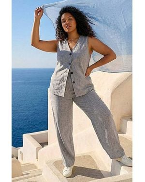 Roman Curve Textured Wide Leg Trousers - Blue