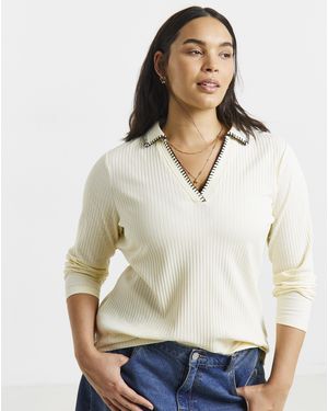 Simply Be Rib Blanket Stitch Polo - White