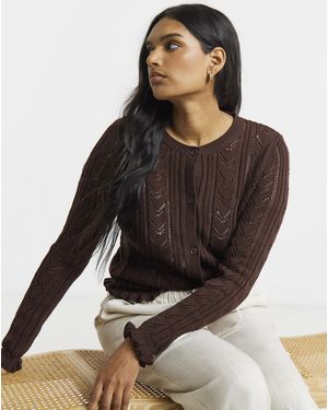 Simply Be Pointelle Crew Neck Frill Hem Cardigan - Brown