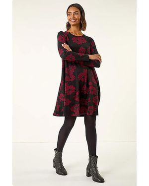 Roman Roman Floral Print Stretch Swing Dress - Red