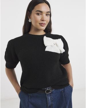 Simply Be Puff Sleeve Bow Applique Knitted Top - Black