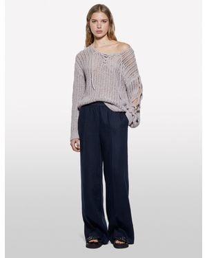 Sisley Pantaloni Blu Scuro Flare Fit In 100% Lino - Nero
