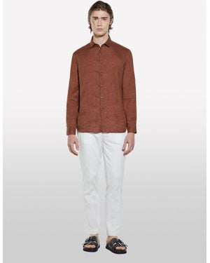 Sisley Camicia Marrone Scuro 100% Lino - Bianco