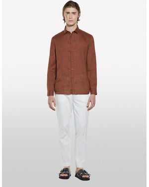 Sisley Camicia Marrone Scuro 100% Lino - Bianco