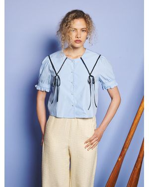 Sister Jane Glassy Bowed Collar Blouse - Blue