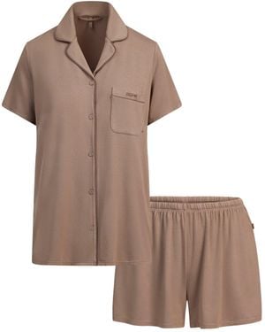 Skims Sleep Short Sleeve Button Up Set - Brown