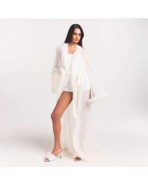 Skims Bridal Sleep Feather Trim Long Robe - White