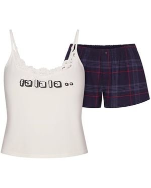 Skims Pajama Lace Tank Top And Flannel Short Set Marble Fa La La Print - Blue