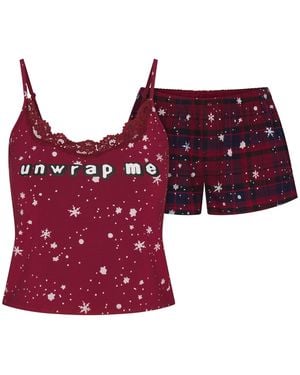 Skims Pajama Lace Tank Top And Flannel Short Set - Red