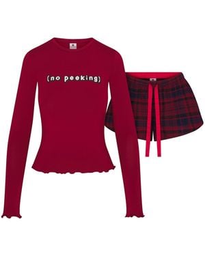 Skims Pajama Flannel Short Set Brick No Peeking Print - Red