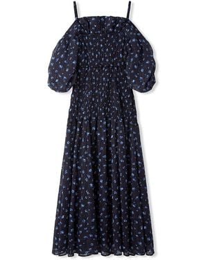SNIDEL Off-Shoulder Smocked Puff Sleeve Maxi Dress - Blue