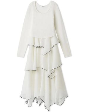 SNIDEL Sheer Asymmetric Hem Knit Combo Dress - White