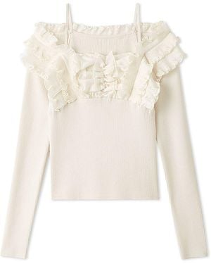 SNIDEL Ruffled Off-Shoulder Ribbed Knit Top - White