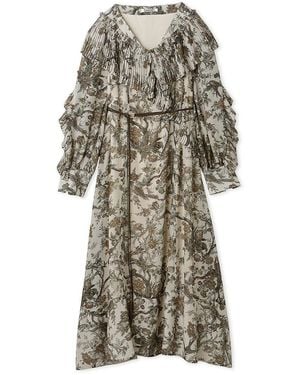 SNIDEL Pleated Frill Floral Maxi Dress With Belt - Brown