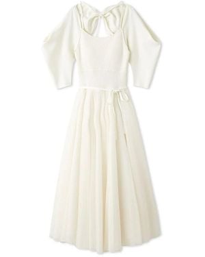 SNIDEL Chacott Knit & Back Bow Puff Sleeve Midi Dress - White