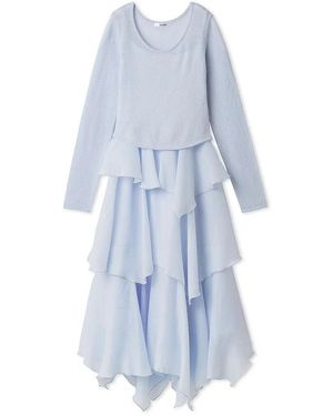 SNIDEL Sheer Asymmetric Hem Knit Combo Dress - Blue