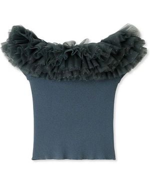 SNIDEL Off-Shoulder Ruffle Neck Knit Top - Blue
