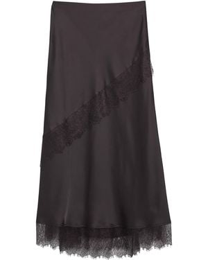 Comma, Langer Satin-Rock Mit Spitzeneinsatz - Grau