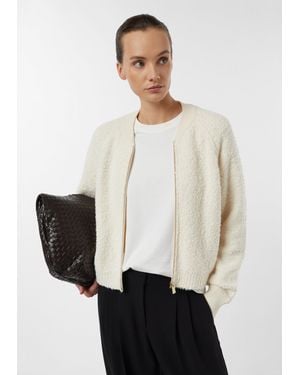 Comma, Bouclé-Strickblouson Aus Baumwollmix Mit Raglanärmeln - Weiß