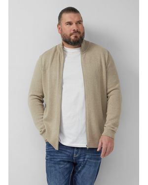 S.oliver Baumwoll-Strickjacke mit Stehkragen und Logo-Patch - Natur