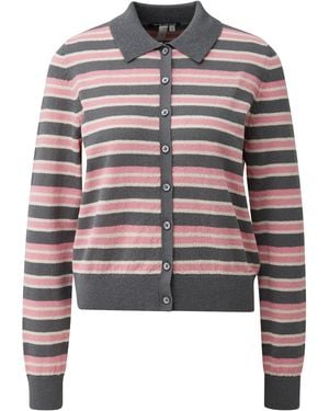 QS Ringelstrickjacke Mit Polokragen - Grau