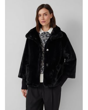 S.oliver Teddyplüsch-Jacke mit Rippstrick-Stulpen - Schwarz