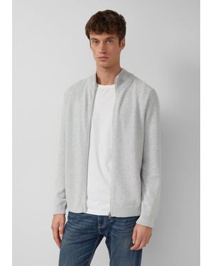 S.oliver Baumwoll-Strickjacke mit Stehkragen und Logo-Patch - Grau