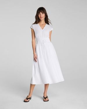 Spanx Poplin V-Neck Smocked Midi Dress - White