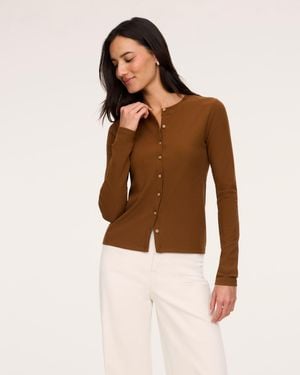 Spanx Ribbed Knit Crewneck Cardigan - Brown
