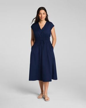 Spanx Poplin V-Neck Smocked Midi Dress - Blue