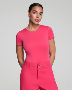 Spanx Smooth Jersey Crewneck Thong Bodysuit - Pink